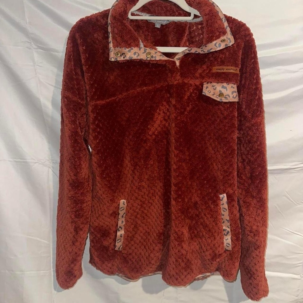 Simply Southern Rust Orange Sherpa Pullover Leopard Print Trim Snap Neck Small